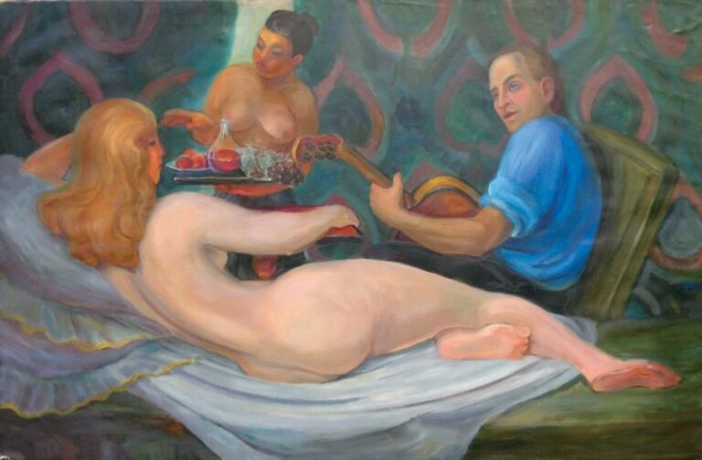 L'artiste en compagnie de sa femme et de son modèle Huile sur toile non signée 74 x 115 cm