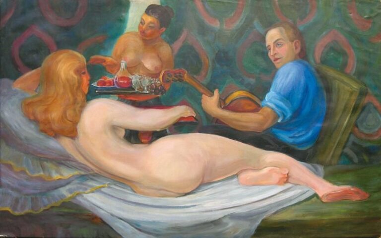 L'artiste en compagnie de sa femme et son modèle Huile sur toile Non signée 74 x 115 cm