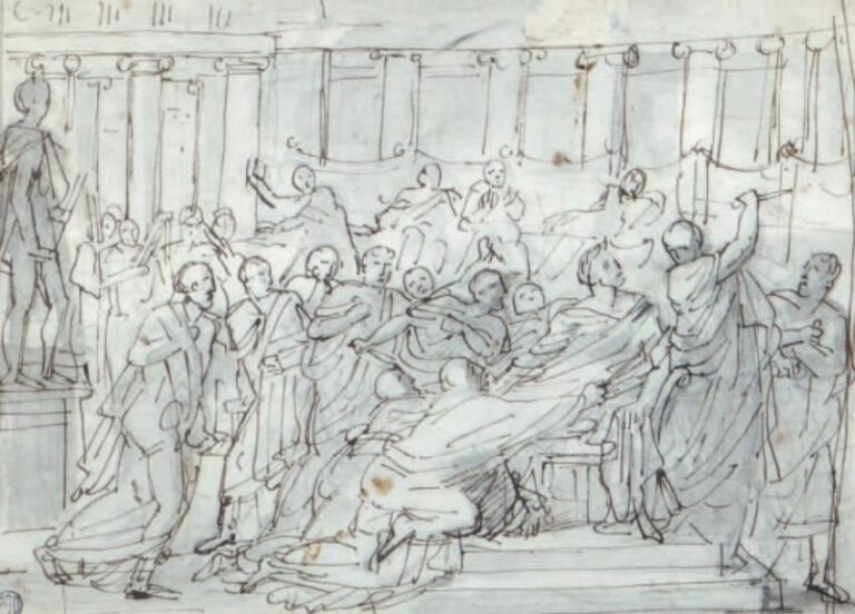«L'assassinat de César» Plume et encre brune sur traits de pierre noire Cachet de collection POD en bas à gauche 15 x 21 cm