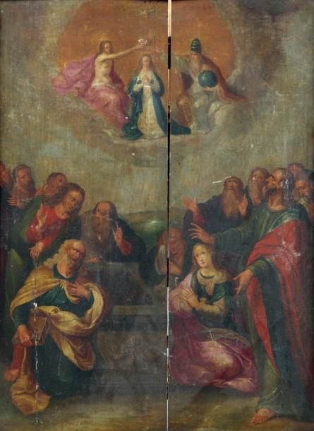 «L'Assomption de la Vierge» Huile sur panneau de chêne, deux planches parquetées (fendues, quelques griffures et accidents) 64,2 x 49,7 cm