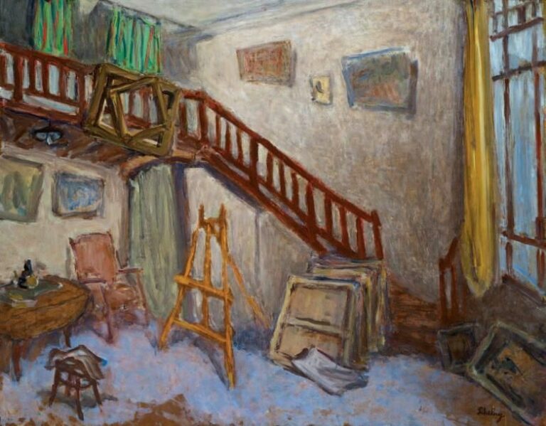L'atelier du peintre Huile sur isorel, signée en bas à droite 73 x 92 cm