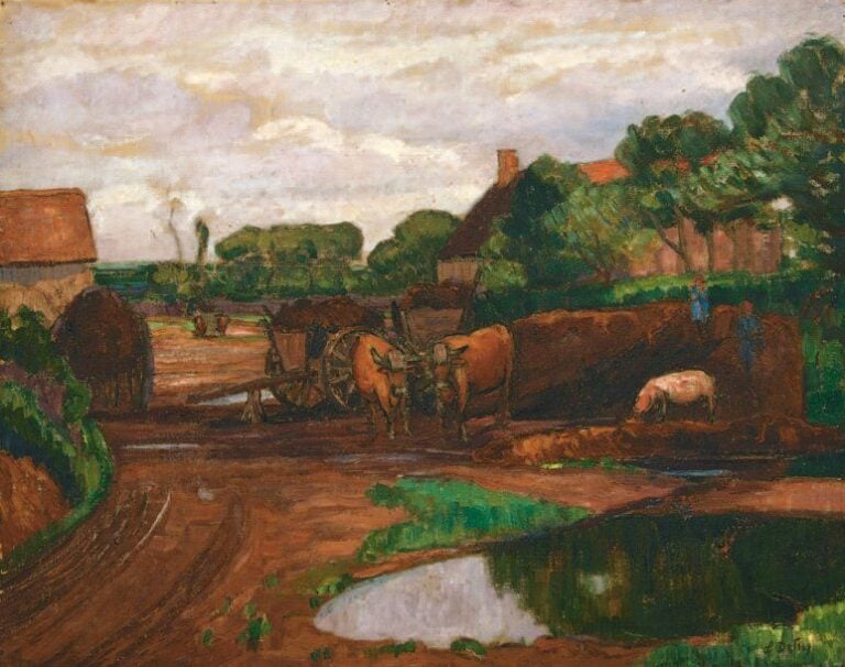 « L'attelage » Huile sur toile, signée en bas à droite 73 x 92 cm