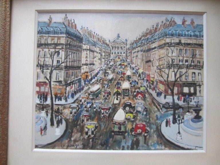 L'Avenue de l'Opéra Gouache sur papier signée en bas à gauche 33 x 40 cm