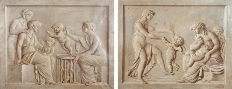 « L'éducation de l'Amour » « L'Amour dansant » Deux huiles sur leur toile d'origine, en grisaille, formant pendants (restaurations et accidents anciens) 100 x 127 cm chaque la paire: Provenance: - Collection Gely de Jary, Toulouse, jusqu'à 1923 - Collection privée, Grande-Bretagne, jusqu'à 1947