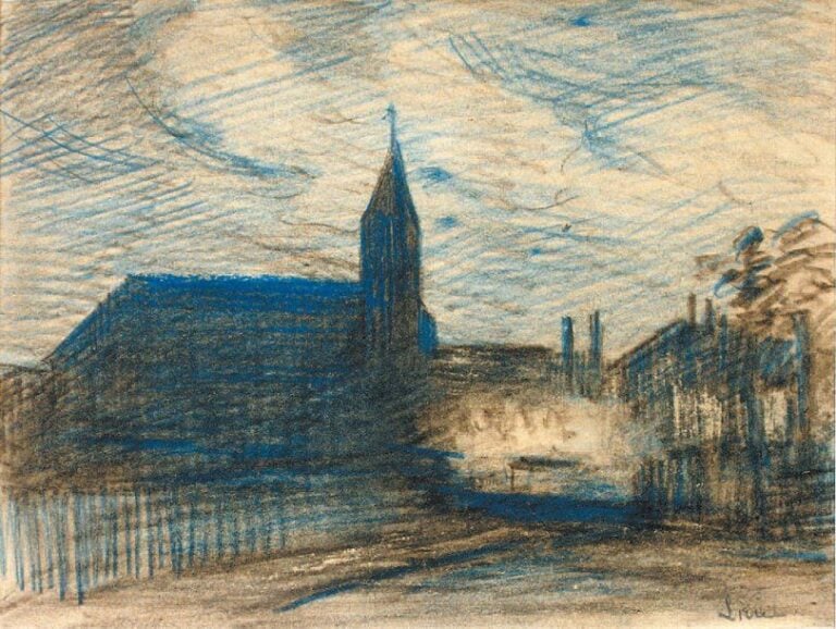 L'église du village Fusain et crayon de couleur bleue, signé en bas à droite 18,5 x 24,5 cm