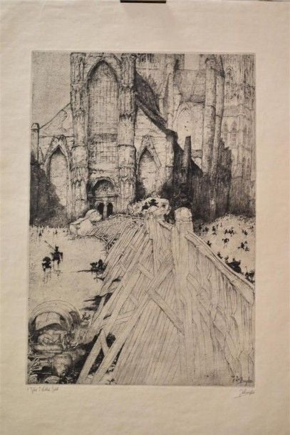 «L'église Saint-Nicolas Gand» Eau-forte, signée dans la planche Contresignée en bas à droite Titrée en bas à gauche 46 x 31 cm