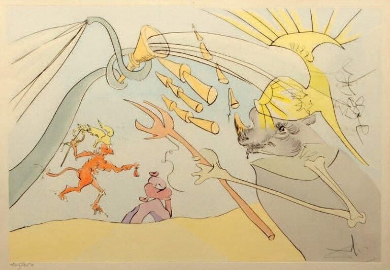 L'ÉLÉPHANT ET LE SINGE DE JUPITER, 1974 Pointe-sèche Une des planches du Bestiaire de la fontaine Dalinisée 1 des 150 sur Arches 40 x 58 cm RÉ