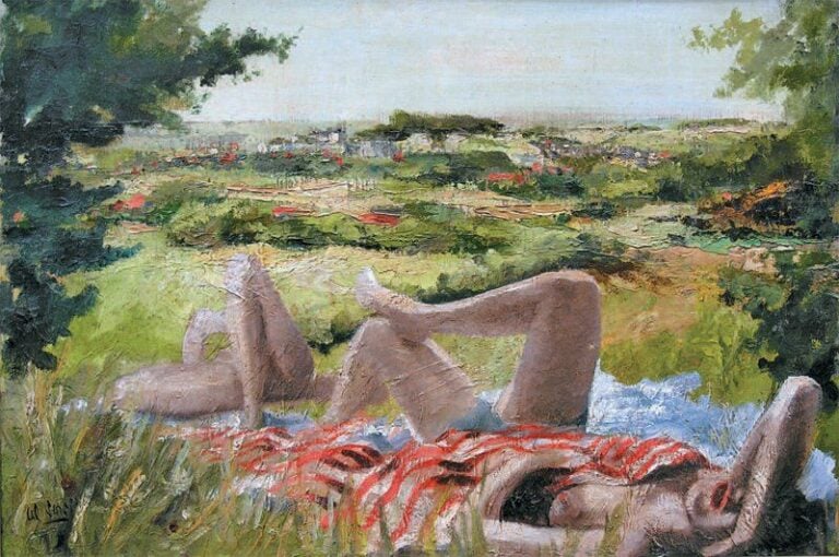 L'heure de sieste dans le pré Huile sur toile Signée en bas à gauche 49 x 73 c