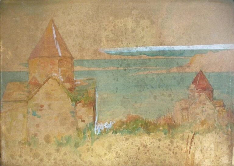 L'Île de Sevan Aquarelle signée et titrée au dos 31 x 46 cm
