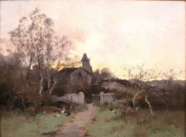 La basse-cour près du clocher Huile sur toile, signée en bas à droite de son pseudonyme Kermanguy 50 x 64 cm