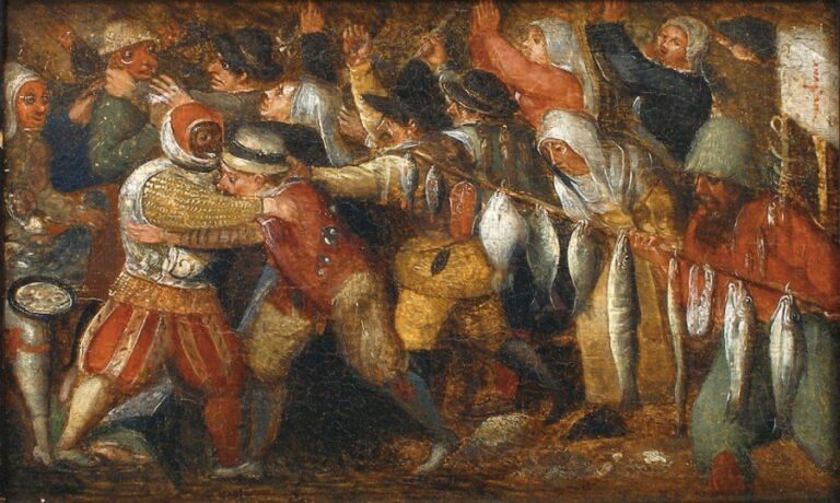 La bataille de Mardi Gras et Carême Huile sur panneau non parqueté (restaurations anciennes) 21 x 35 c