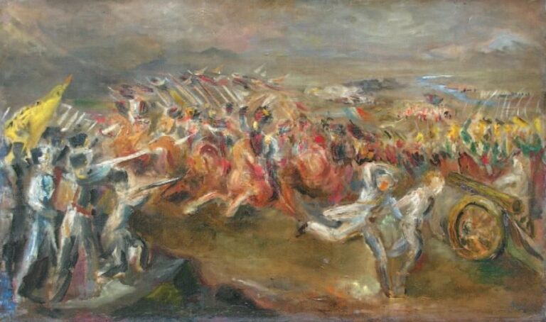 La bataille de Somosierra Huile sur toile Signée en bas à droite 32 x 54 cm