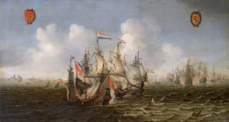 La bataille navale anglo-hollandaise remportée par l'Amiral néerlandais Maarten HARPERTSZOON TROMP en 1653 devant Ter Heide Huile sur panneau, deux planches non parquetées, monogrammé JFDV sur une épave en bas à droite 53,3 x 90 cm Provenance: Acquis par l'actuel propriétaire à la Galerie Edmond GATTO en 1992 (Nice) 7
