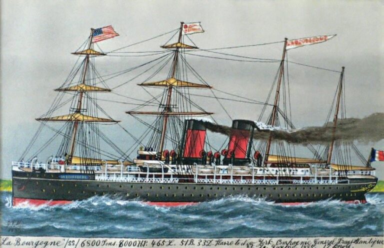 « LA BOURGOGNE » 1886 Aquarelle gouachée sur papier de James Scott Maxwell représentant le paquebot de la Compagnie Générale Transatlantiqu