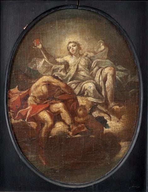 «La Charité» Huile sur toile mis à l'ovale et marouflée sur panneau (anciennes déchirures) 30 x 23 cm Beau cadre hollandais en bois noirci et mouluré à décor ondé du XVIIe siècle