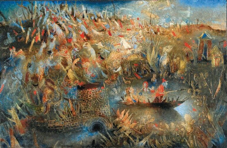 La chase à la grenouile Huile sur toile, signée en bas à gauche 65 x 100 cm