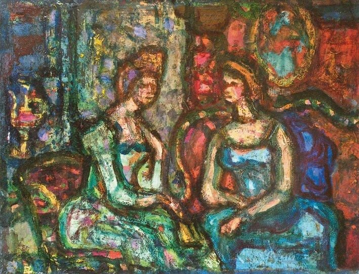 La Conversation Huile sur carton Signée en bas à droite 22 x 29 cm Provenance: Vente atelier Eleszkiewicz, Maître Renaud, Drouot 1973