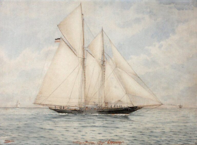 « La coupe de l'Atlantique le yacht "HAMBOURG" Aquarelle sur papier signée en bas à gauche, datée 1905 et nommé