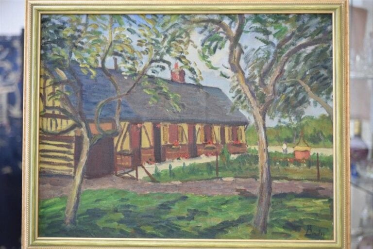 La Cour de ferme Huile sur toile, signée en bas à droite 50 x 65 cm