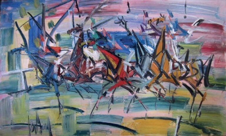 LA COURSE DE CHEVAUX Huile sur toile, signé en bas à gauche 50 x 83 cm