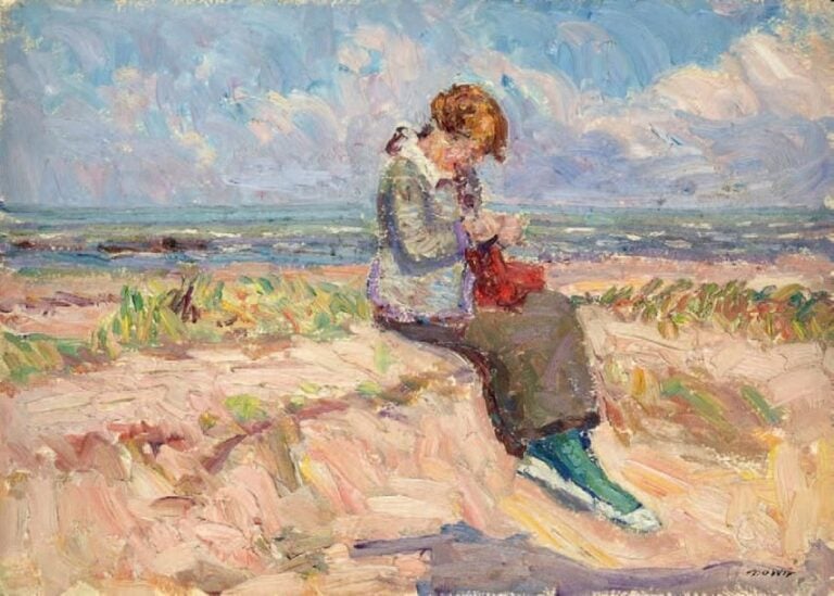 La couture sur la plage Huile sur papier épais, signée en bas à droite 38,5 x 54 cm