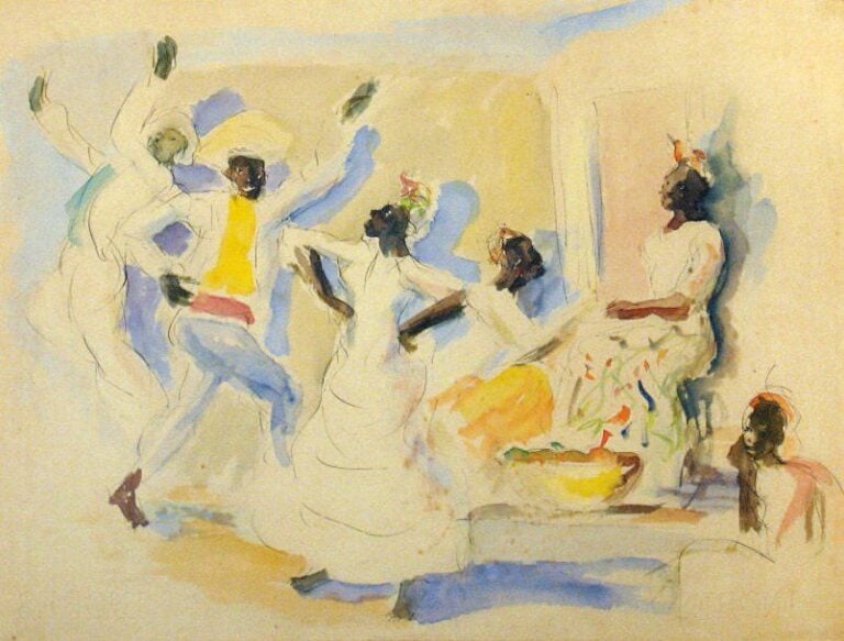 LA DANSE Encre et aquarelle, signée au dos 45 x 58,5 cm
