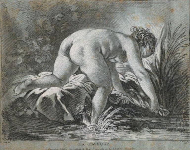 «La laveuse» Gravure à la façon de la pierre noire et des rehauts de craie blanche Inscription en bas de la gravure: A' PARIS CHEZ L'AUTEUR, RUE GALLANDE, LA PORTE COCHERE ENTRE UN LAYETIER ET UN CHANDELIER à droite: