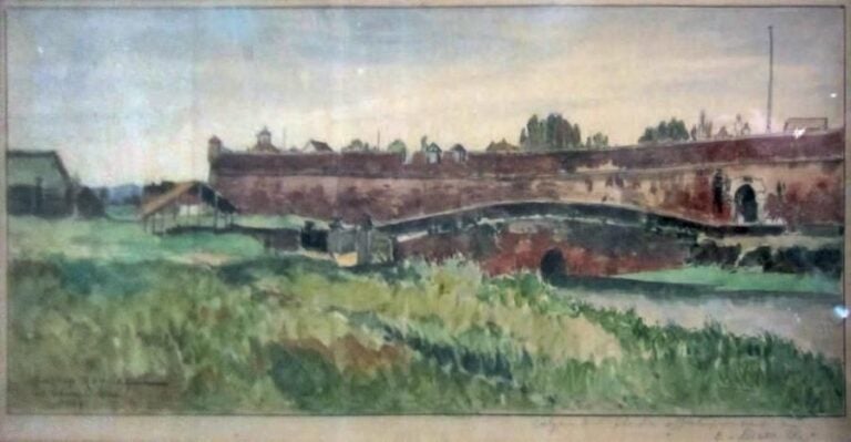 «LA MANCA À HUÉ» Aquarelle, encre, signée, située, dédicacée et datée 1885 en bas à droite 17 x 44 cm