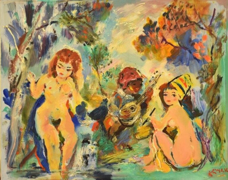 La mandoline Huile sur toile Signée en bas à droite 65 x 80,5 cm