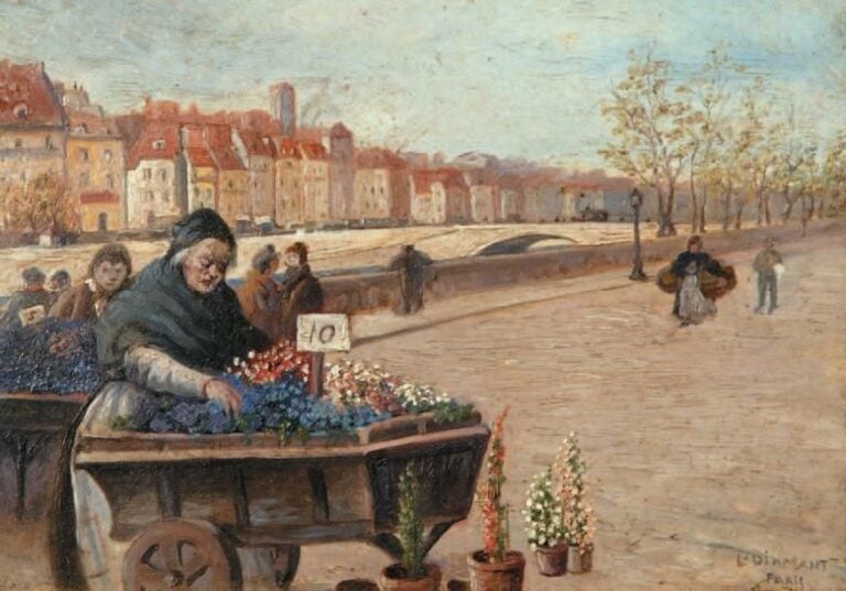 LA MARCHANDE DE FLEURS Huile sur panneau, signée en bas à droite et située «Paris» 20 x 27 cm