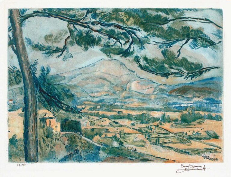 La montagne Sainte-Victoire Gravure aquatinte, gravée par Jacques Villon en 1923, Editions Bernheim-Jeune, n° 63/200, signée dans la planche et contresignée dans la marg
