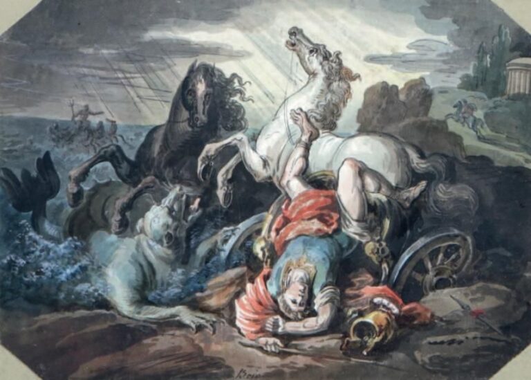 «La mort d'Hippolyte» Plume, aquarelle et rehauts de blanc, annotée en bas: Brio 19,5 x 27 cm