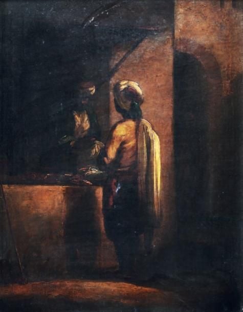«La négociation entre deux orientaux dans un bazar» Huile sur toile Monogrammée