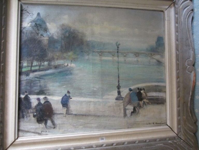 LA PASSERELLE DES ARTS, VUE DU PONT NEUF Huile sur toile, signée en bas à droite et contresignée au dos 46 x 55 cm
