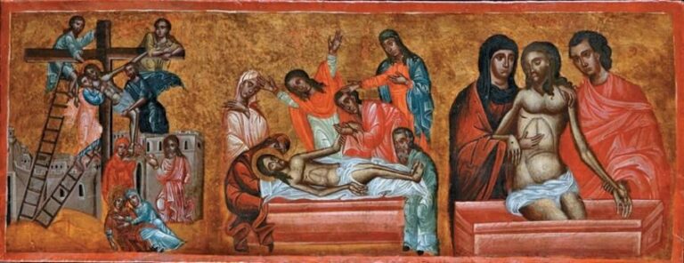 La Passion du Christ composé de trois scènes représentant La descente de la Croix, La Lamentation, La mise au tombeau, les trois icônes ont été transposées sur un panneau postérieu