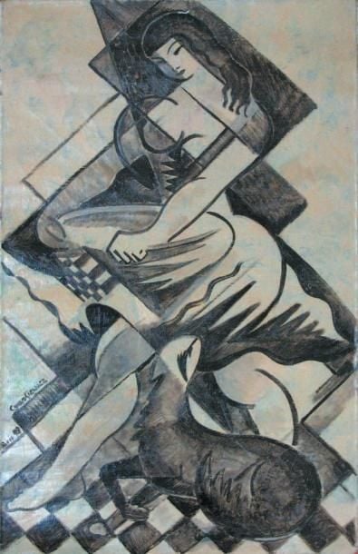 La Paysanne (1949) Huile sur toile (hors châssis) signée, située «Paris» et datée en bas à gauche, contresignée et titrée au dos 116 x 73,5 cm