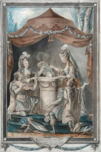 « La piété filiale ou l'amour maternel » Plume, lavis gris et rehauts d'aquarelle Signé
