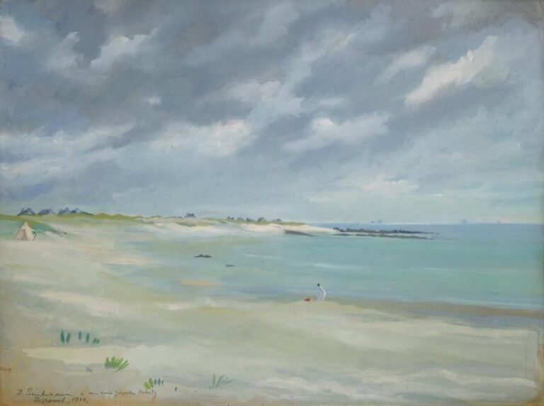 La plage à Lesconil en Bretagne, 1934 Pastel et aquarelle, signé, dédicacé, daté et situé en bas à gauche À vue: 49 x 69,5 cm