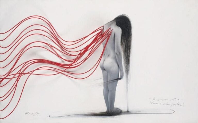La primera mentira, 2014 Technique mixte sur toile marouflée sur panneau, signée en bas à gauche et titrée en bas à droite 50 x 80 cm