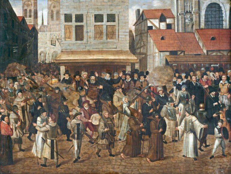 « La procession de la Ligue » Panneau parqueté 51 x 68 cm Notre tableau reprend avec des variantes le tableau conservé au musée des Beaux-Arts de Rouen provenant de la donation