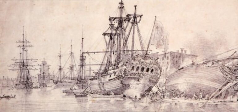 «La Proserpine au raboud dans un port» Pierre noire 16,8 x 35,3 cm