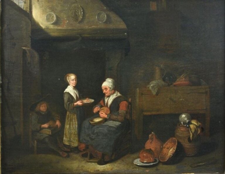 La ration ou le repas Huile sur panneau de bois 34 x 44 cm (petits éclats)
