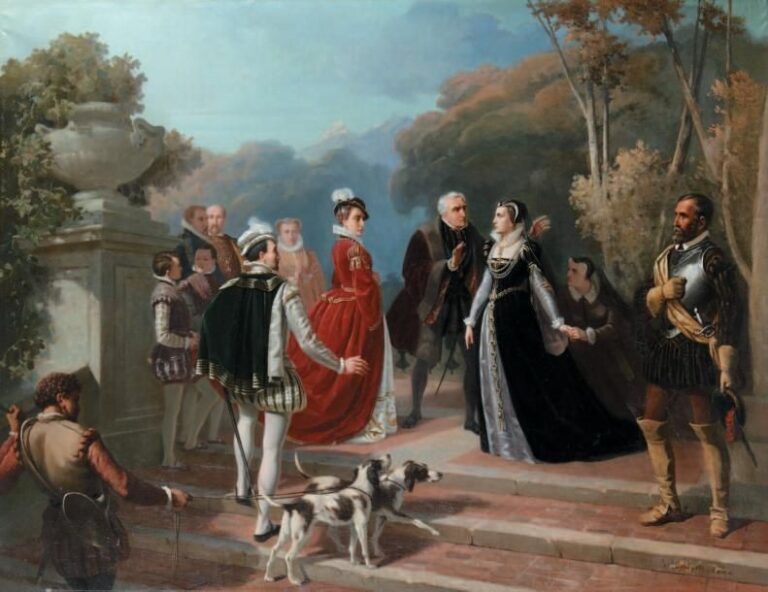 «La rencontre de Marie Stuart et d'Elisabeth Ière d'Angleterre» Huile sur toile Signée et datée 1855 en bas à droite 90,9 x 116,5 cm