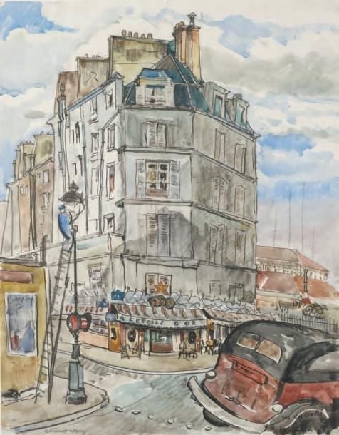 La rue Saint Médar à Paris Aquarelle, signée en bas à gauche et titrée en bas à gauche 56 x 43 cm (à vue)
