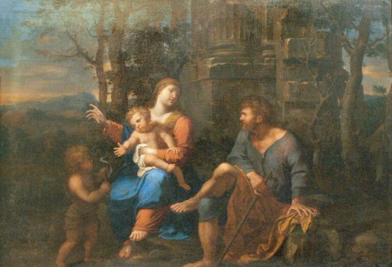 « La sainte famille dans un paysage classique » Toile 66,5 x 89,5 cm Cadre en bois sculpté et doré d'époque Louis XIV (usures et restaurations anciennes)