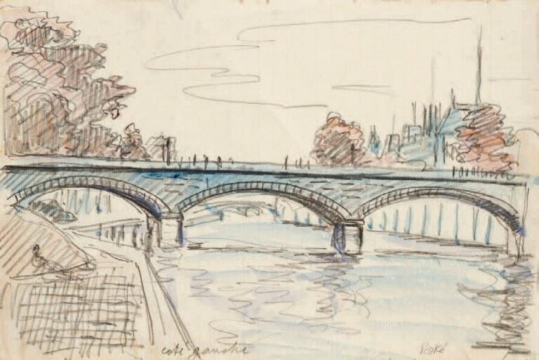 La Seine à Paris Aquarelle et crayon, signé en bas à droite et annoté «côté gauche» en bas à gauche, annotation au verso À vue: 19,5 x 29,5 cm