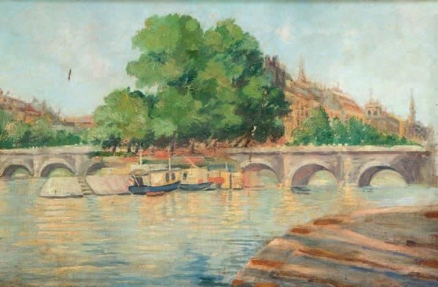 La Seine à Paris Huile sur toile, signée en bas à gauche Manques et anciennes restaurations 34 x 54 cm