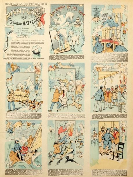 La série complète des trois images d'Epinal adaptant des romans de Jules Verne