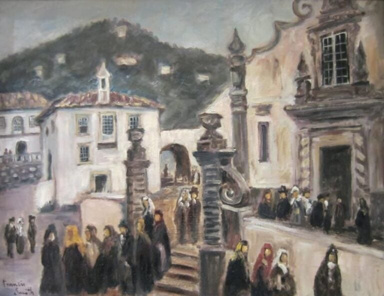 La sortie d'église au Portugal Huile sur panneau, signée en bas à gauche 50 x 65 cm