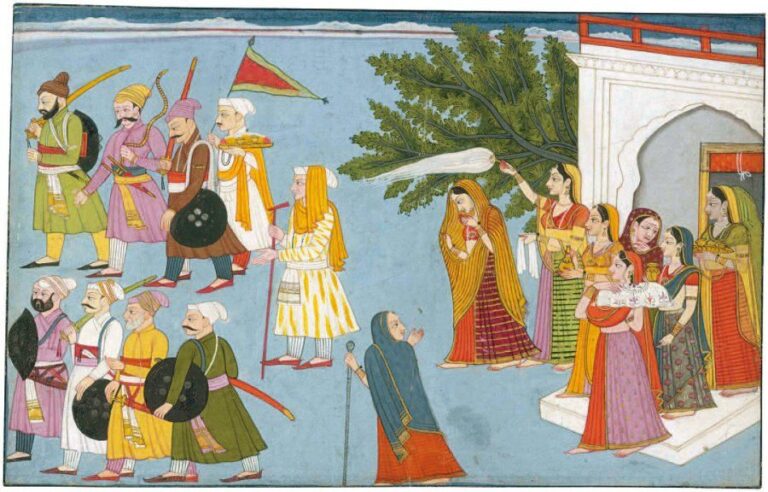LA SORTIE DU TEMPLE Rukmini, accompagnée de femmes et précédée par des hommes armés, sort du temple de Dev